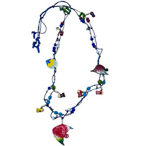 Vintage Colorful Tropical Fish Wooden Beads Necklace 22"